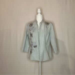 Chicos Embroidered Women's Jacket - Light Blue Denim Breezy Boho 3/4 Sleeves